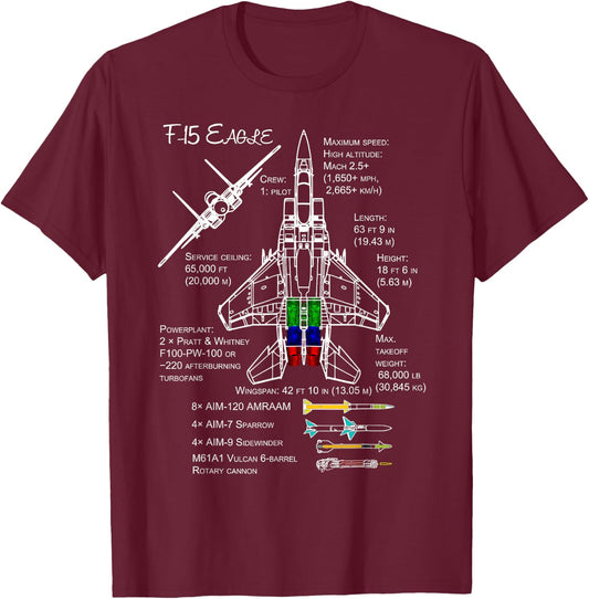 F-15 Eagle Specs Shirt Military Fighter Jet T-Shirt - T-Shirt | Maroon