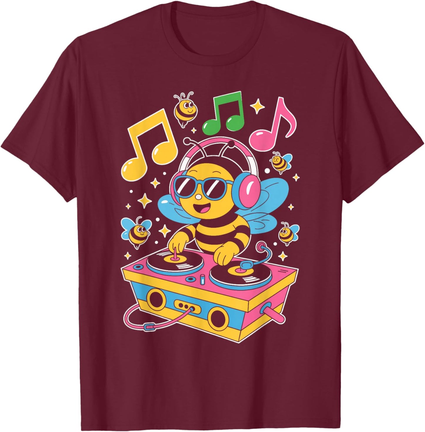 DJ Bee – Funny Music Lover Cartoon Design T-Shirt - T-Shirt | Maroon