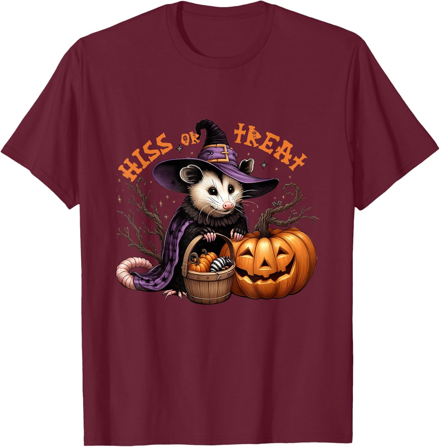 Hiss Or Treat Halloween Pumpkin Witch Opossum Scary Possum T-Shirt - T-Shirt | Maroon