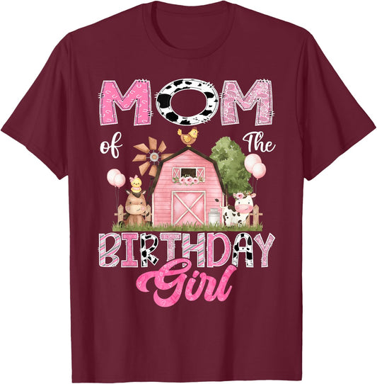 Mom Of The Birthday Girl Farm Cow Pink 1St Birthday T-Shirt - T-Shirt | Maroon
