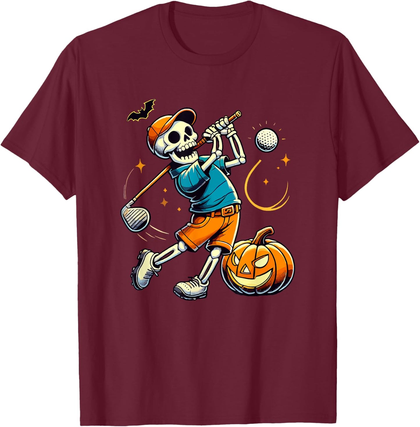 Halloween Skeleton Golf Player Golfing Golfer Pumpkin T-Shirt - T-Shirt | Maroon