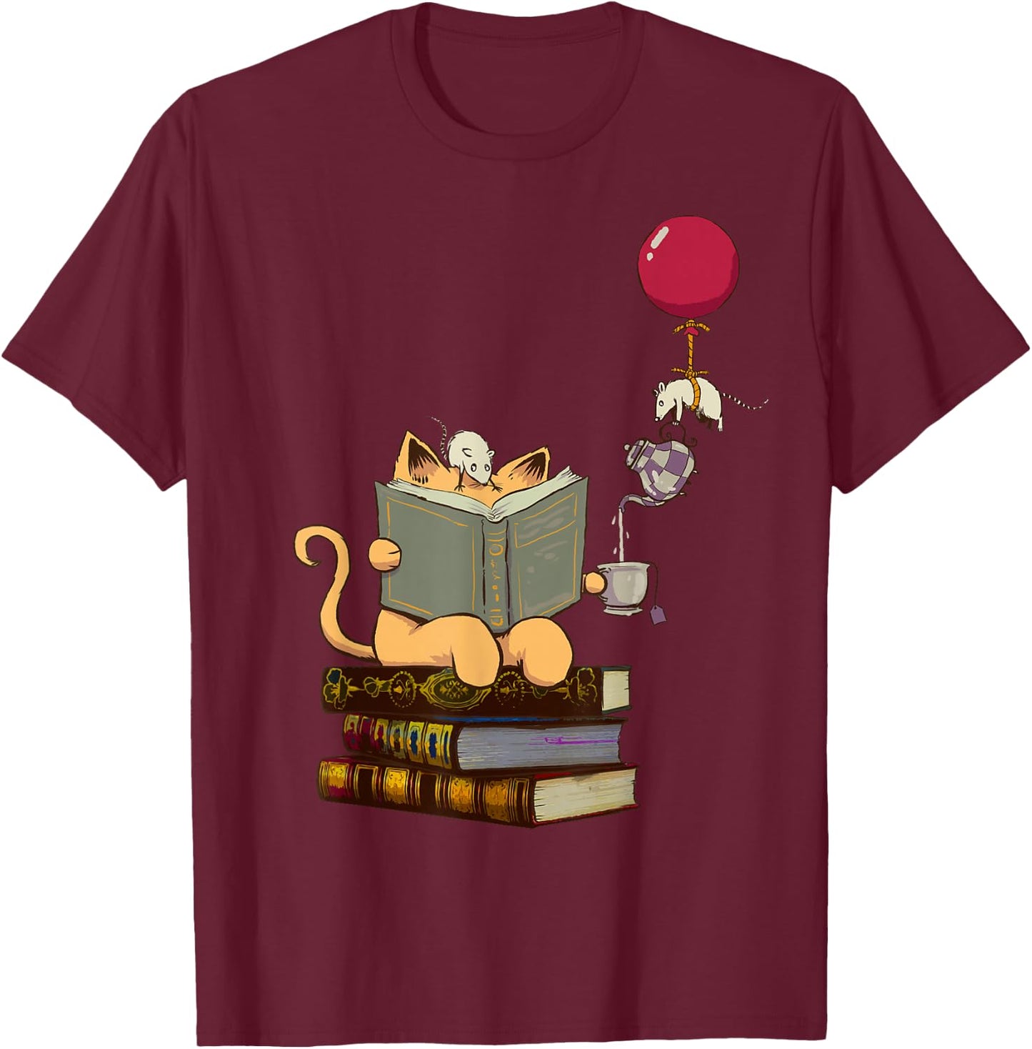 Kittens, Cats, Tea, Books and Balloon T-Shirt - T-Shirt | Maroon