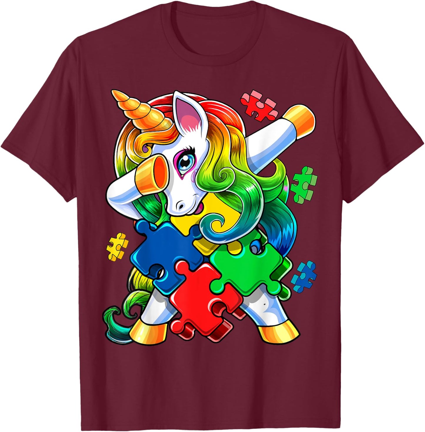 Autism Awareness Dabbing Unicorn Puzzle Piece Gift Kids T-Shirt - T-Shirt | Maroon
