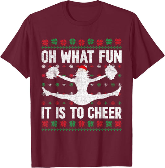 Oh What Fun It Is To Cheer Ugly Cheerleading Christmas T-Shirt - T-Shirt | Maroon