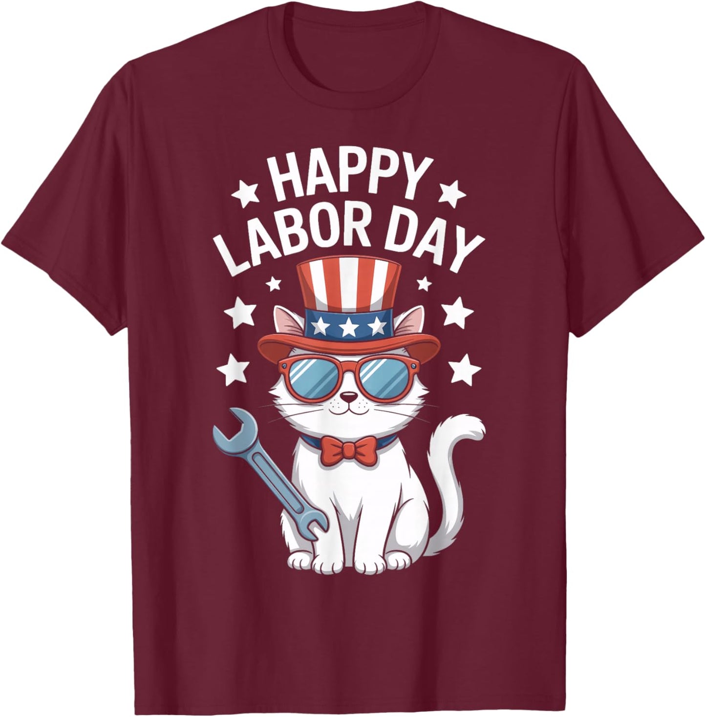 Happy Labor Day Patriotic Cat Wrench Stars Worker Humor T-Shirt - T-Shirt | Maroon