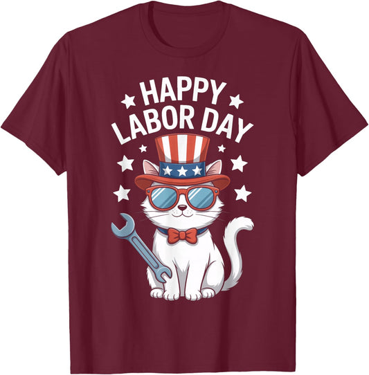 Happy Labor Day Patriotic Cat Wrench Stars Worker Humor T-Shirt - T-Shirt | Maroon