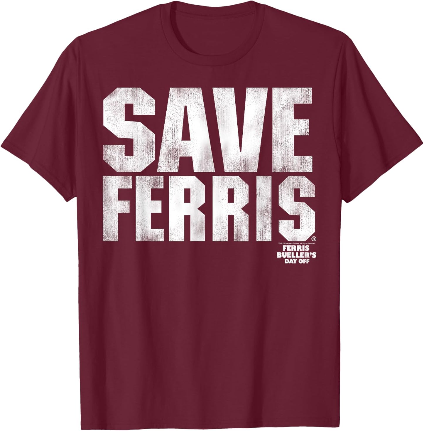 Ferris Bueller's Day Off White Distressed Save Ferris T-Shirt - T-Shirt | Maroon