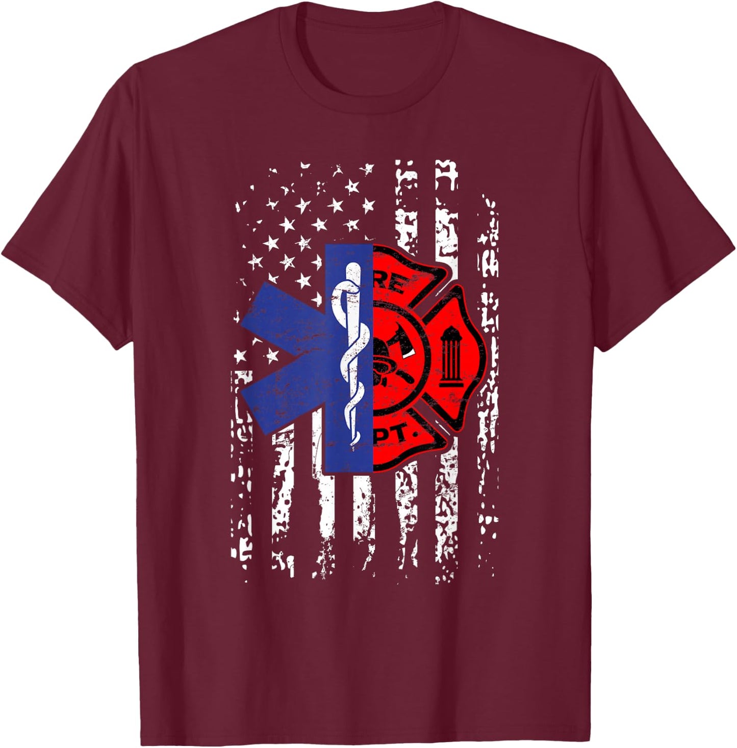 EMT Firefighter Firefighter EMT American Flag Gift T-Shirt - T-Shirt | Maroon