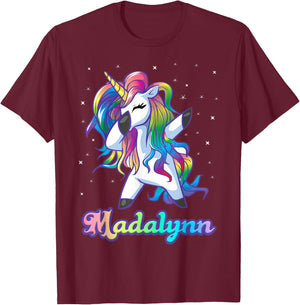 MADALYNN Name Personalized Custom Rainbow Unicorn Dabbing T-Shirt - T-Shirt | Maroon