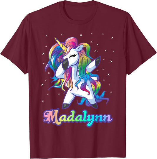 MADALYNN Name Personalized Custom Rainbow Unicorn Dabbing T-Shirt - T-Shirt | Maroon