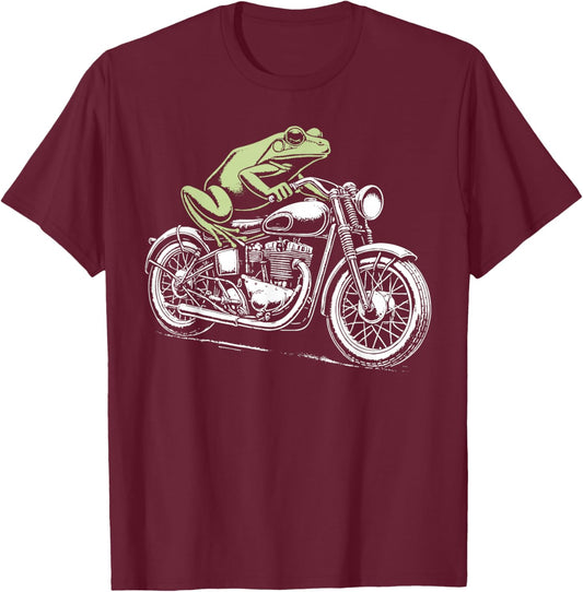 Vintage Frog Motorcycle Biker Funny Frog Riding Motorcycle T-Shirt - T-Shirt | Maroon