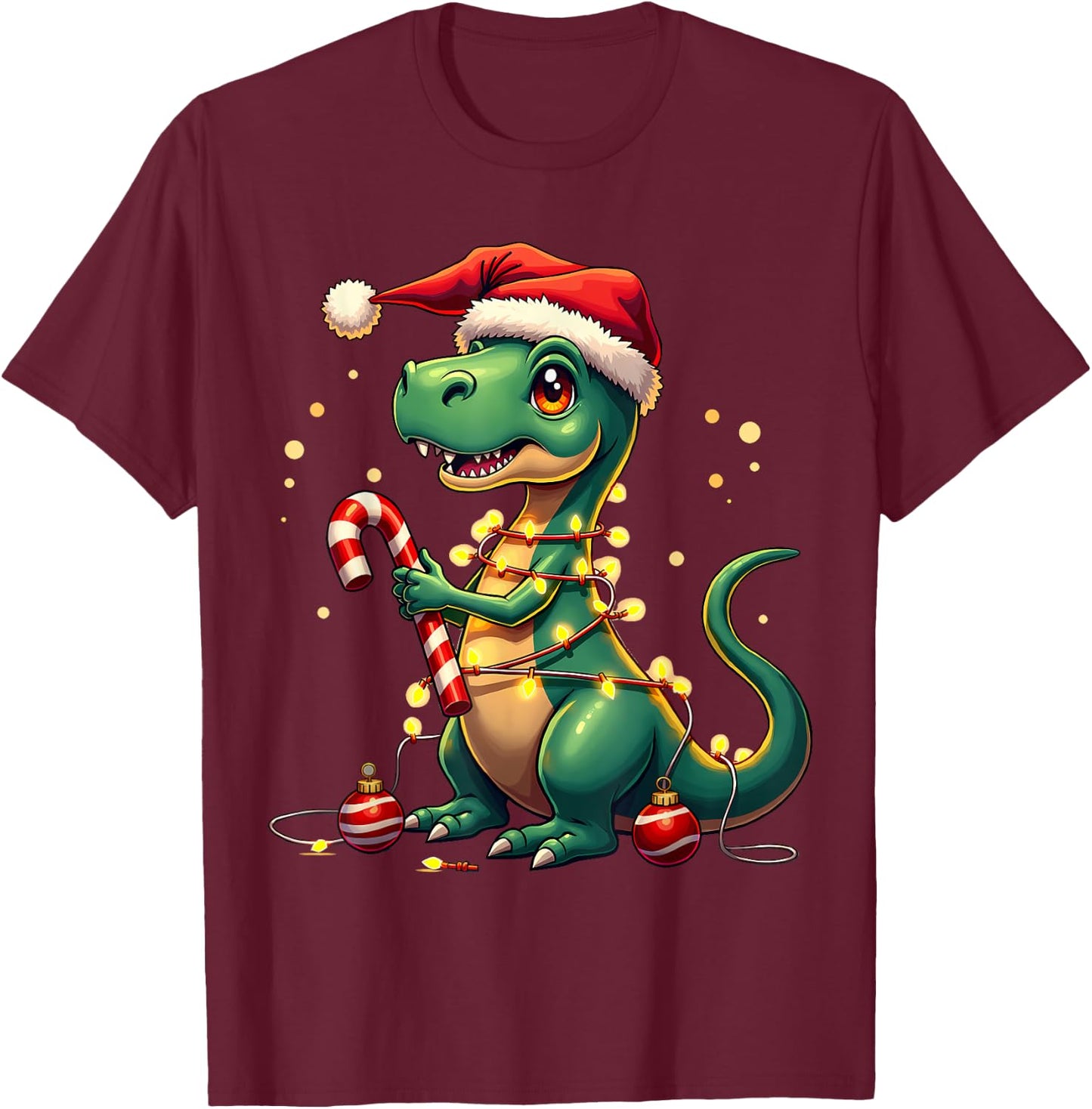 Cute Christmas T-Rex Shirt Dinosaur Lights & Candy Cane T-Shirt - T-Shirt | Maroon