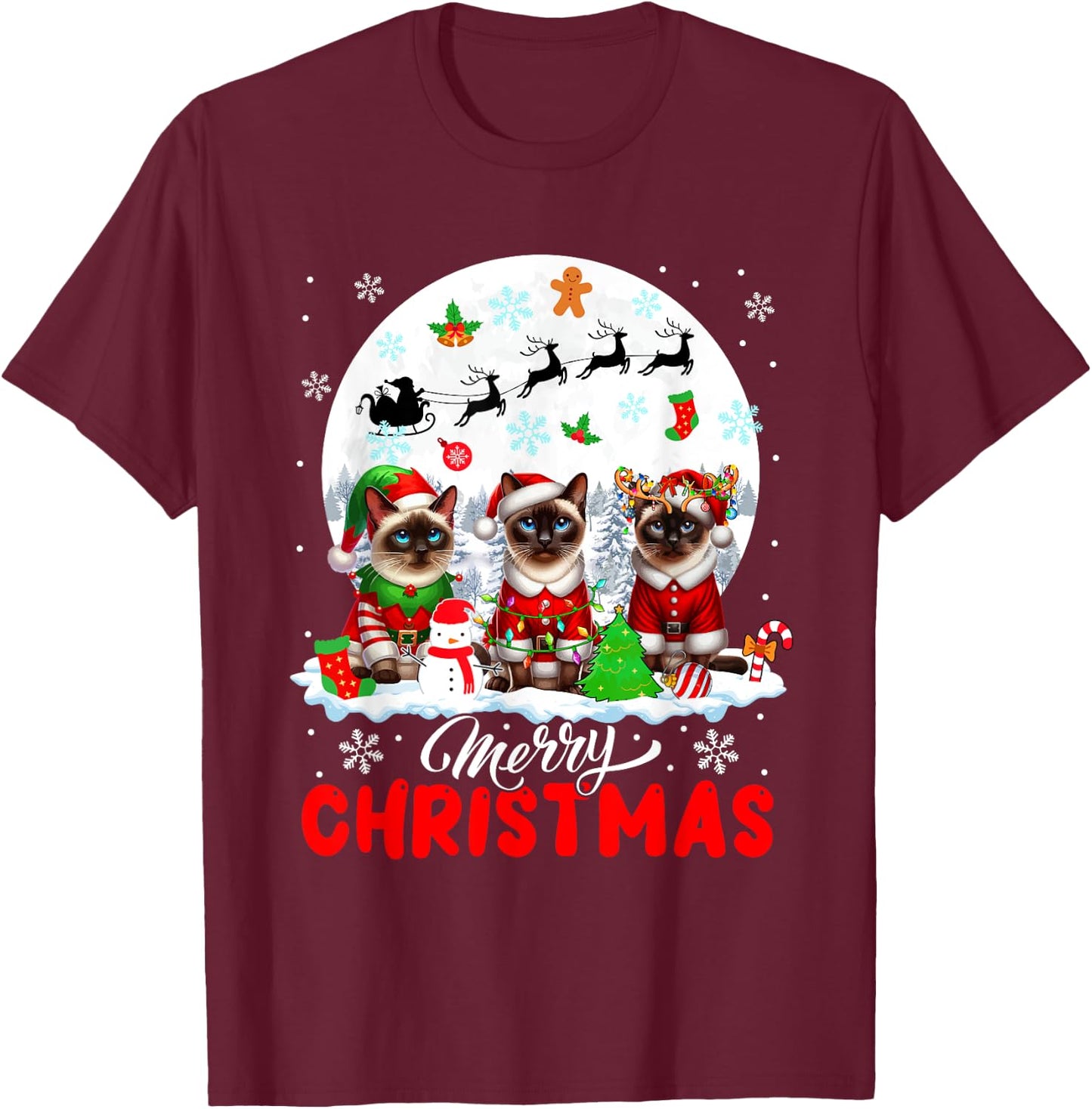 Merry Christmas Three Santa Elf Reindeer Siamese Cats Owner T-Shirt - T-Shirt | Maroon