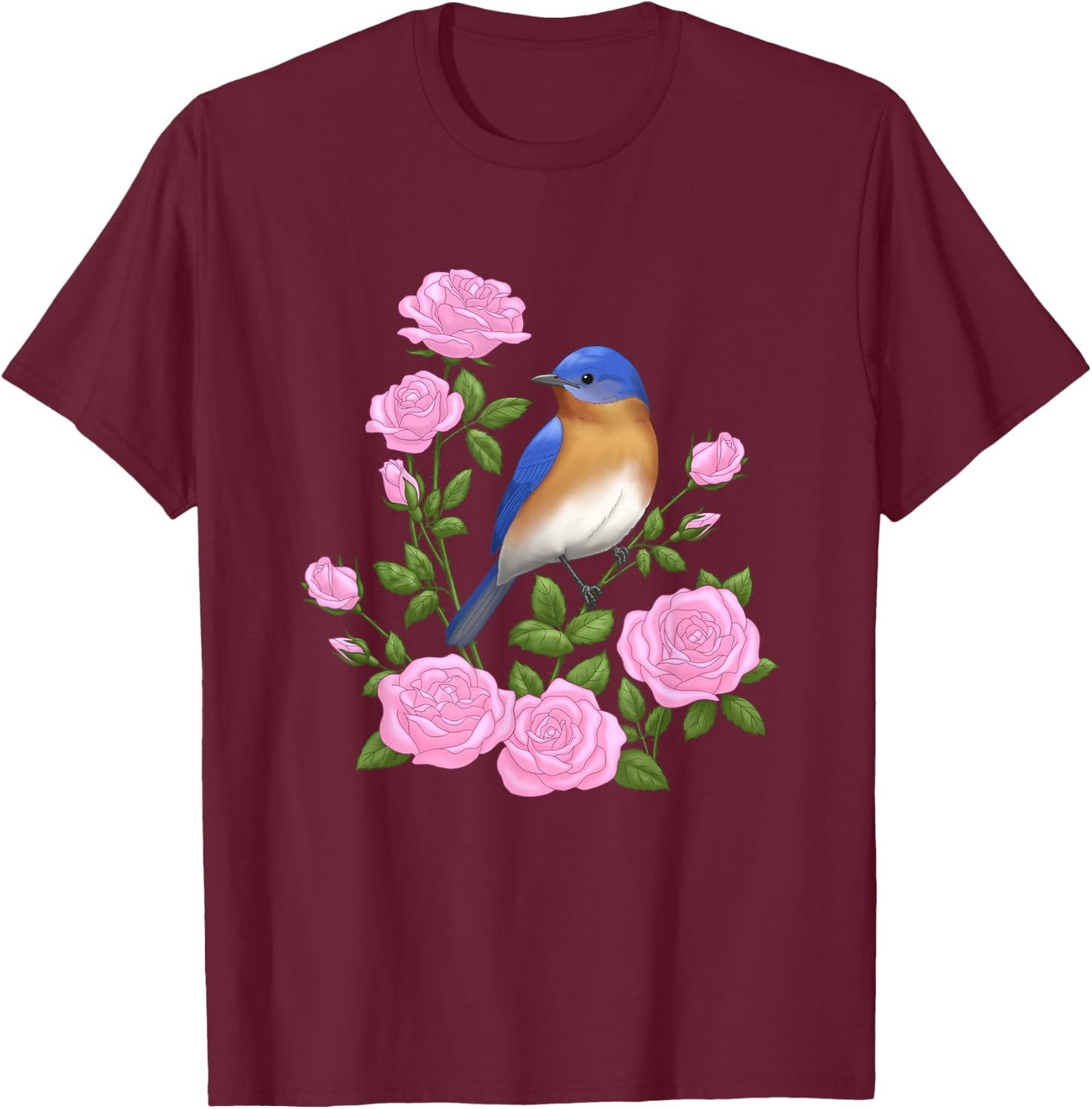 Eastern Bluebird and Pretty Pink Roses T-Shirt - T-Shirt | Maroon