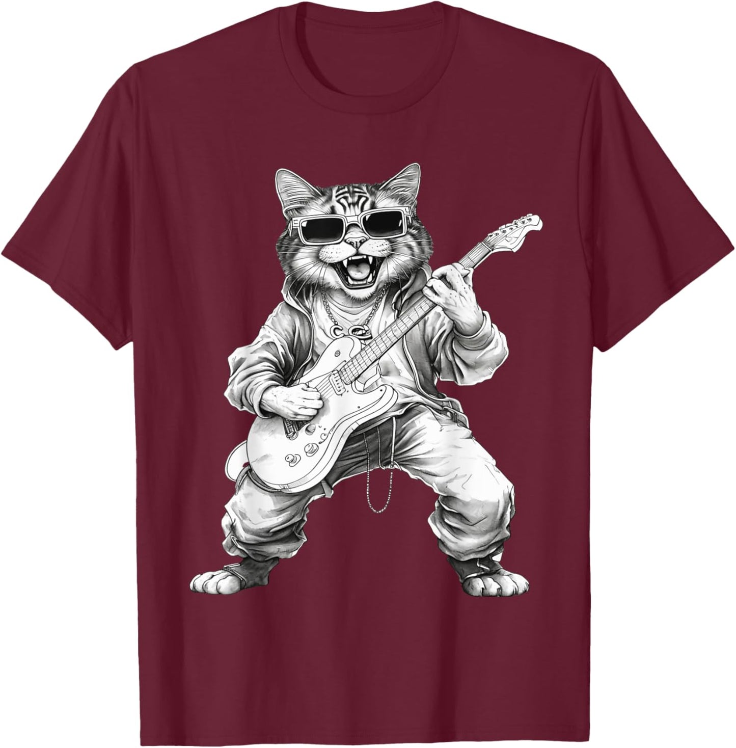 Rock Cat Playing Guitar Funny Guitar Cat Wearing Sunglasses Women Kids T-Shirt - T-Shirt | Maroon