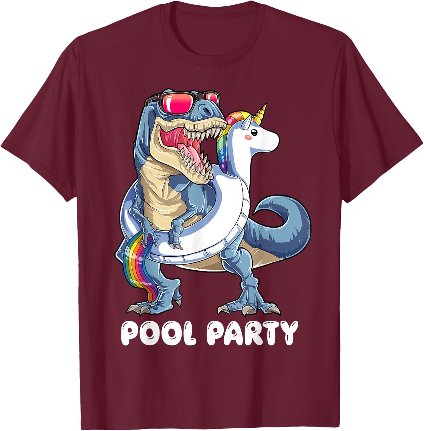 Pool Party Dinosaur Unicorn T shirt T rex Float Rainbow Gift T-Shirt - T-Shirt | Maroon