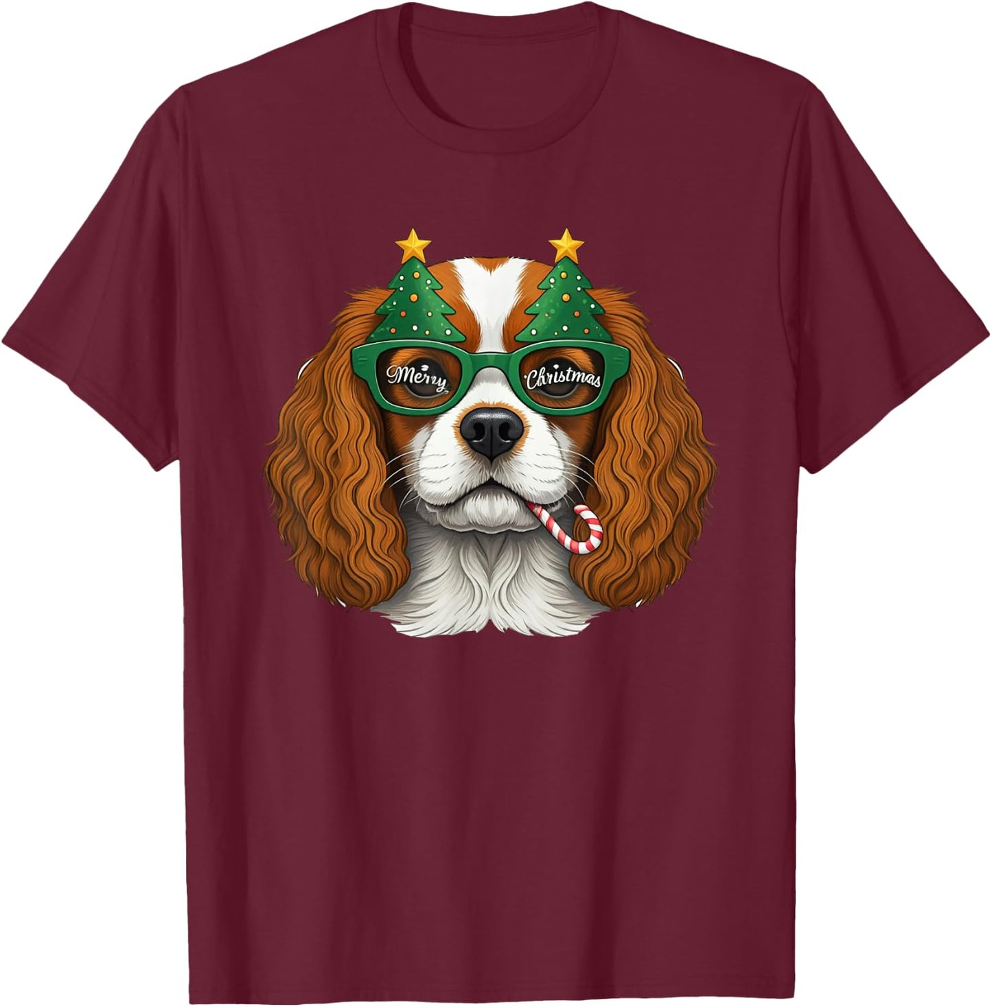 Christmas Tree Sunglasses Cavalier King Charles Spaniel T-Shirt - T-Shirt | Maroon
