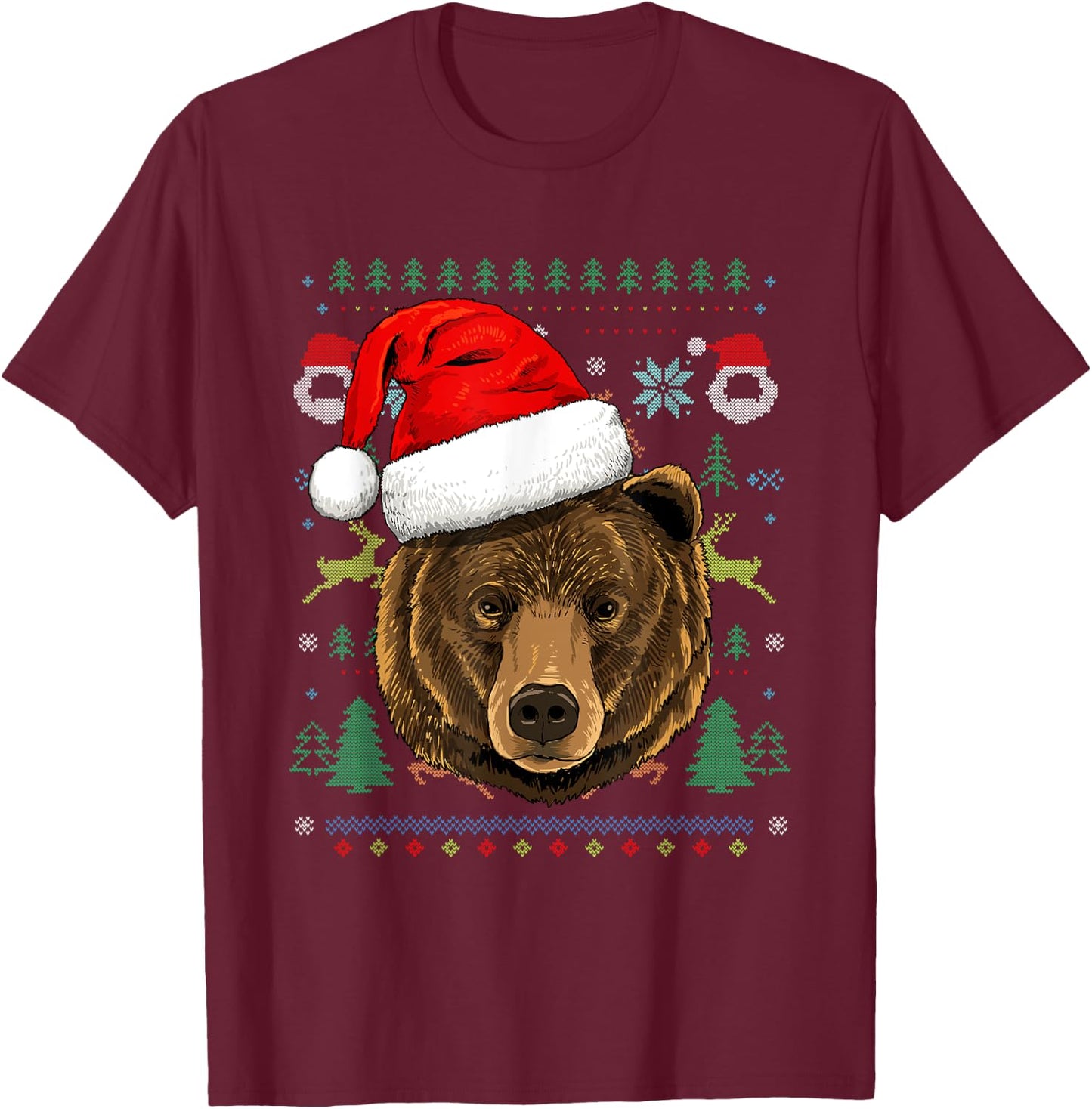 Bear Ugly Christmas Santa Hat Xmas T-Shirt - T-Shirt | Maroon