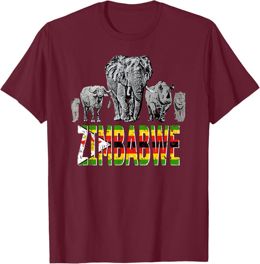 Big Five Zimbabwe Pride Wildlife T-Shirt - T-Shirt | Maroon
