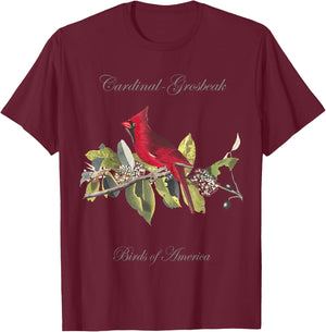 Red Cardinal - Birds of America Series Audubon T-Shirt - T-Shirt | Maroon