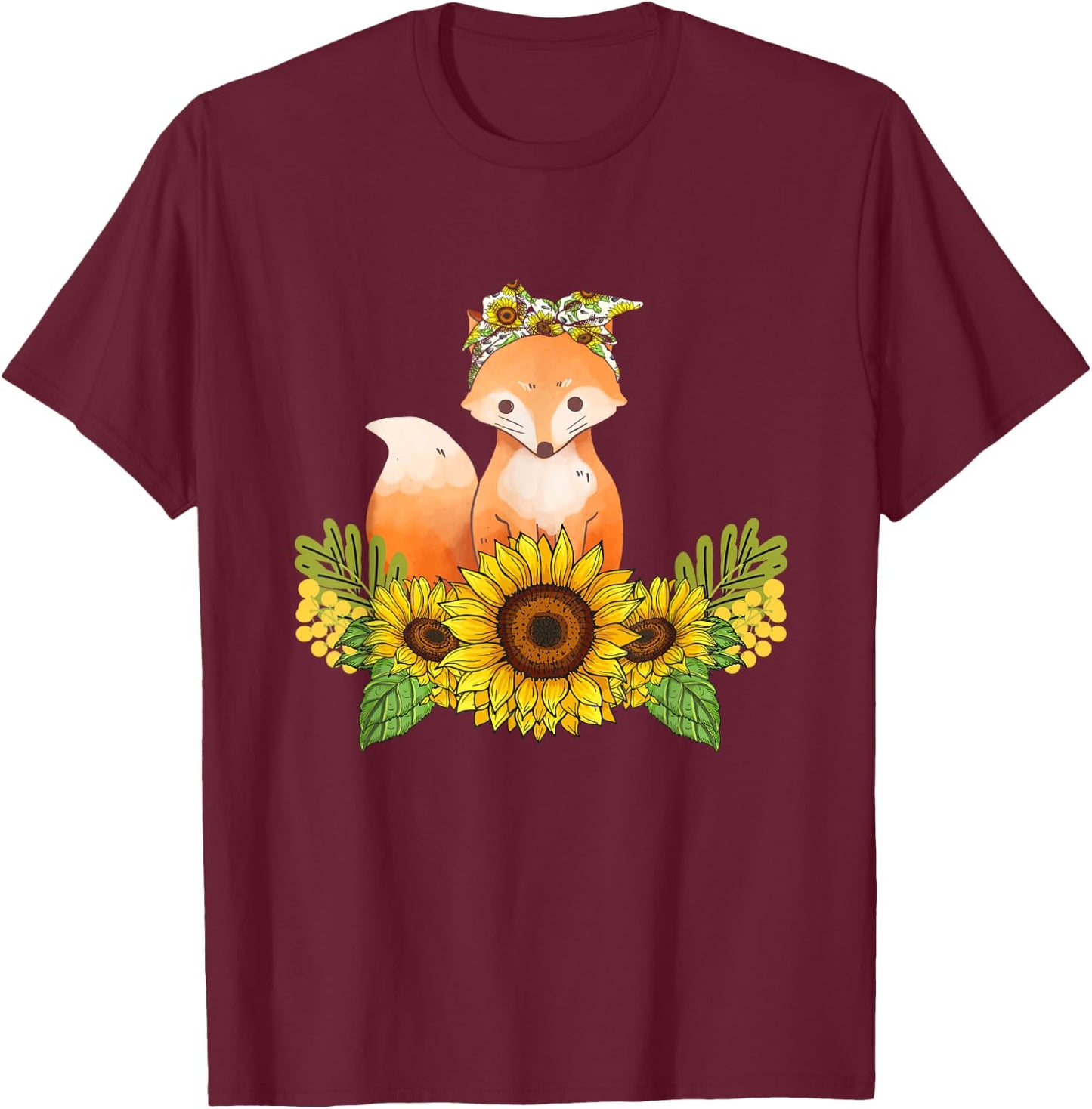 Fox Sunflower Shirt Fox Lover Animals Outfit Dog Owner Women Kids T-Shirt - T-Shirt | Maroon