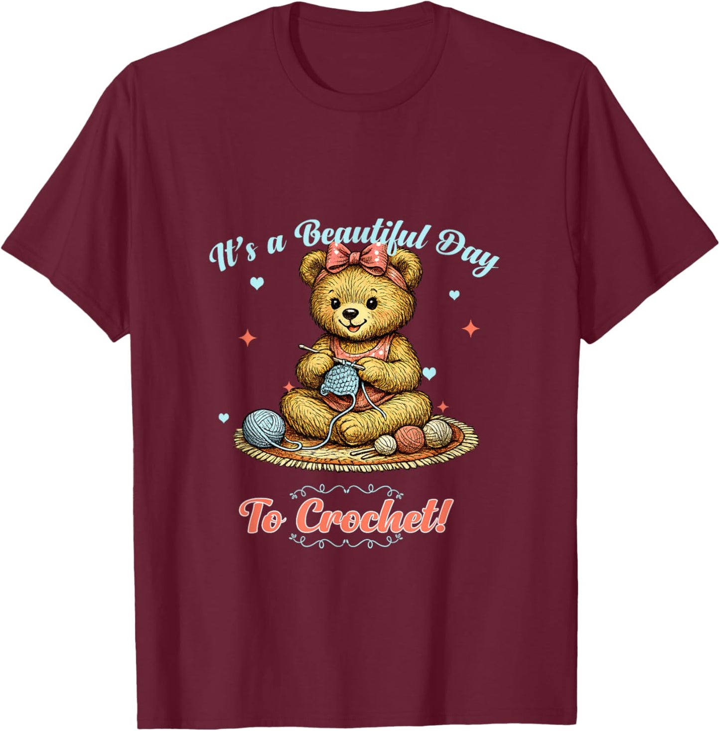 Cute Vintage Bear Crochet Hobby Crafting Storybook Graphic T-Shirt - T-Shirt | Maroon