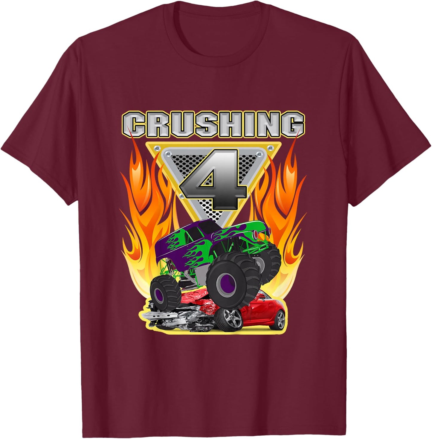 Monster Truck Crushing being 4 four Years Old 4th Birthday T-Shirt - T-Shirt | Maroon