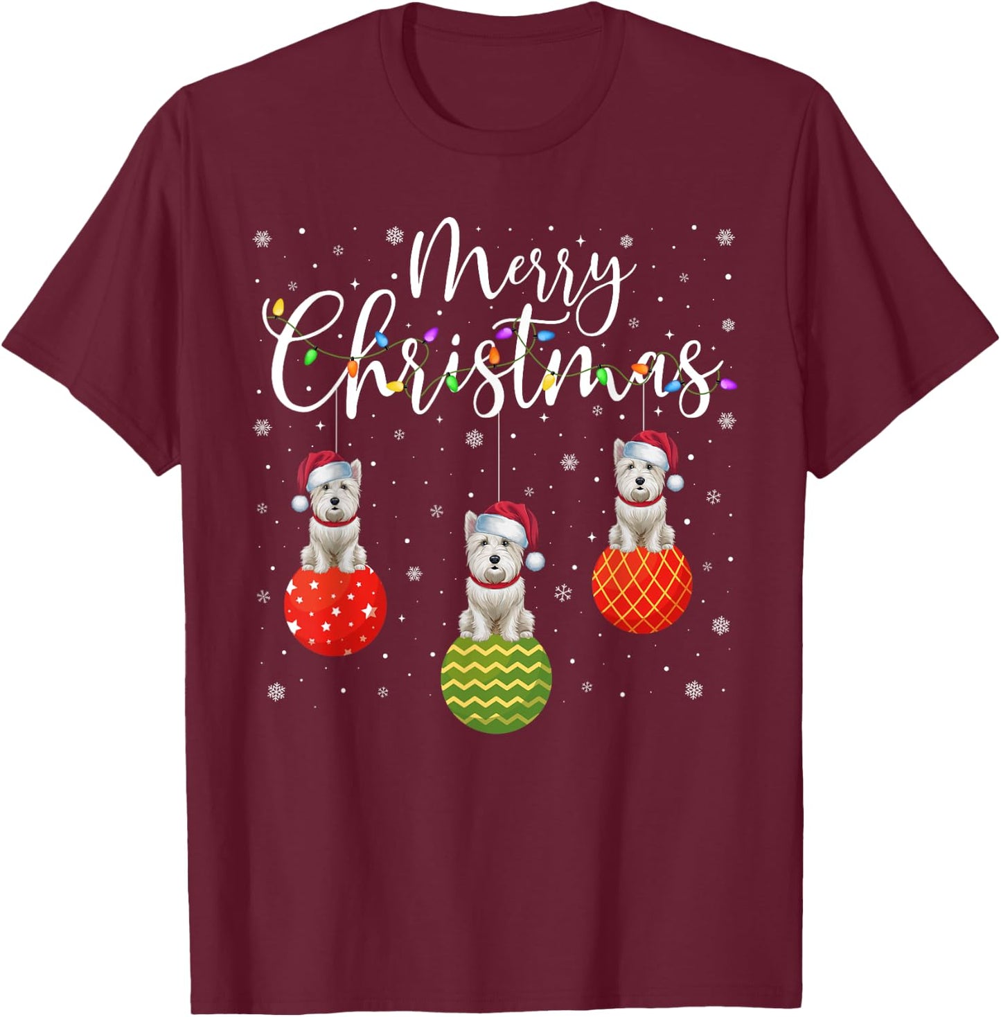 Merry Christmas Lights Santa Hat Westie Dog Ugly Xmas Men Women Kids T-Shirt - T-Shirt | Maroon
