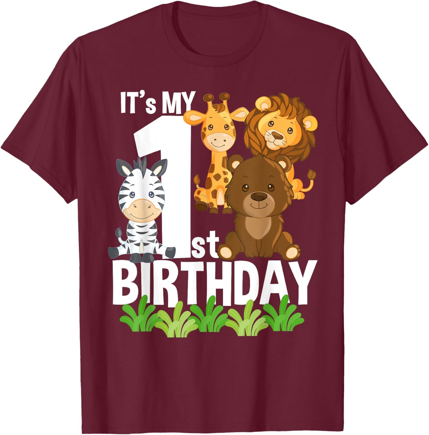 It's My 1st Birthday Zoo Theme Birthday Safari Jungle Animal T-Shirt - T-Shirt | Maroon