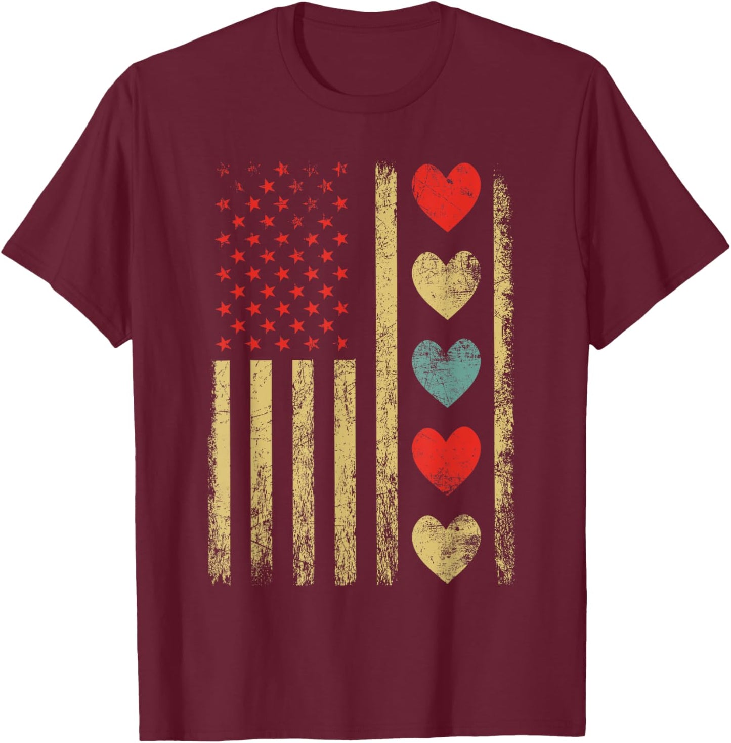 Vintage Hearts Cool Retro Flag USA Valentines Day T-Shirt - T-Shirt | Maroon