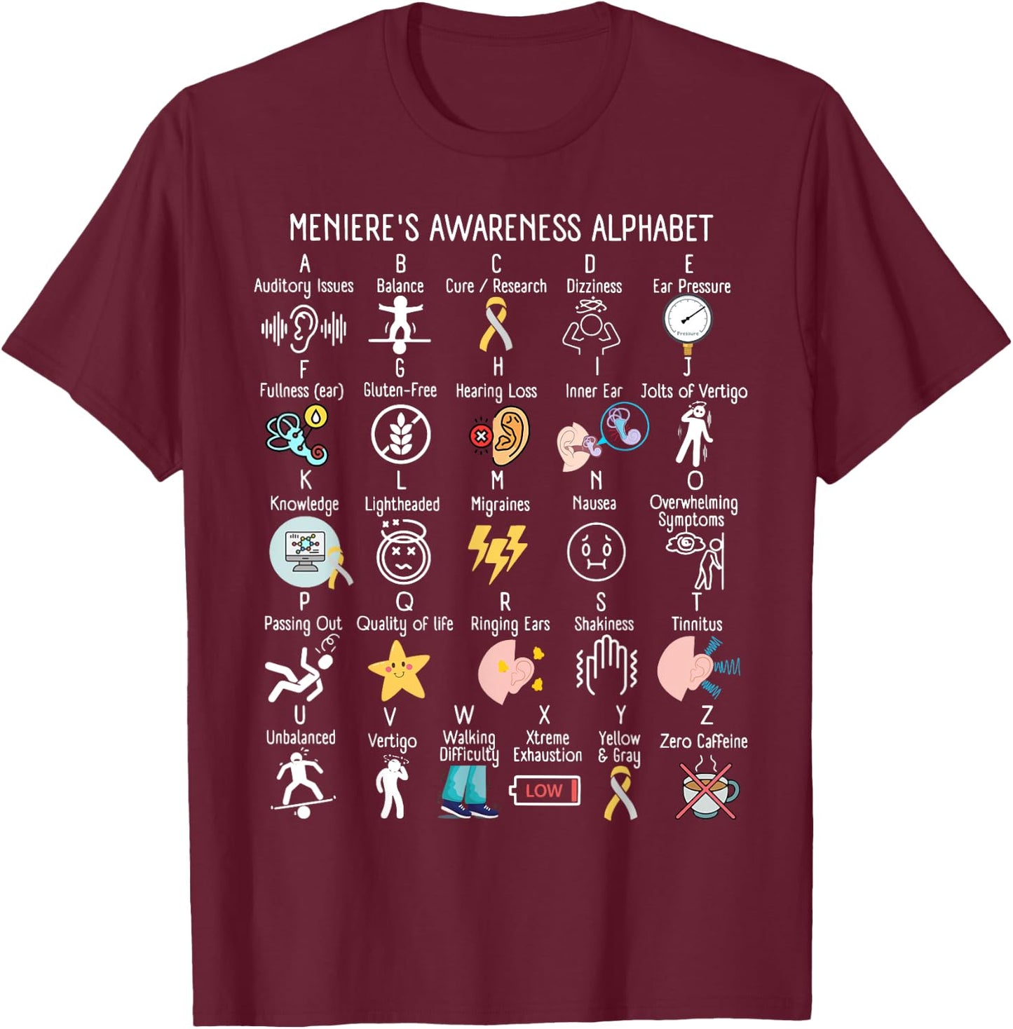 Menieres Awareness Alphabet Meniere's Disease Awareness T-Shirt - T-Shirt | Maroon