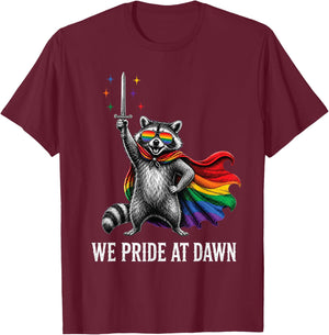 We Pride At Dawn Rainbow Raccoon Knight Sword Funny LGBTQ T-Shirt - T-Shirt | Maroon