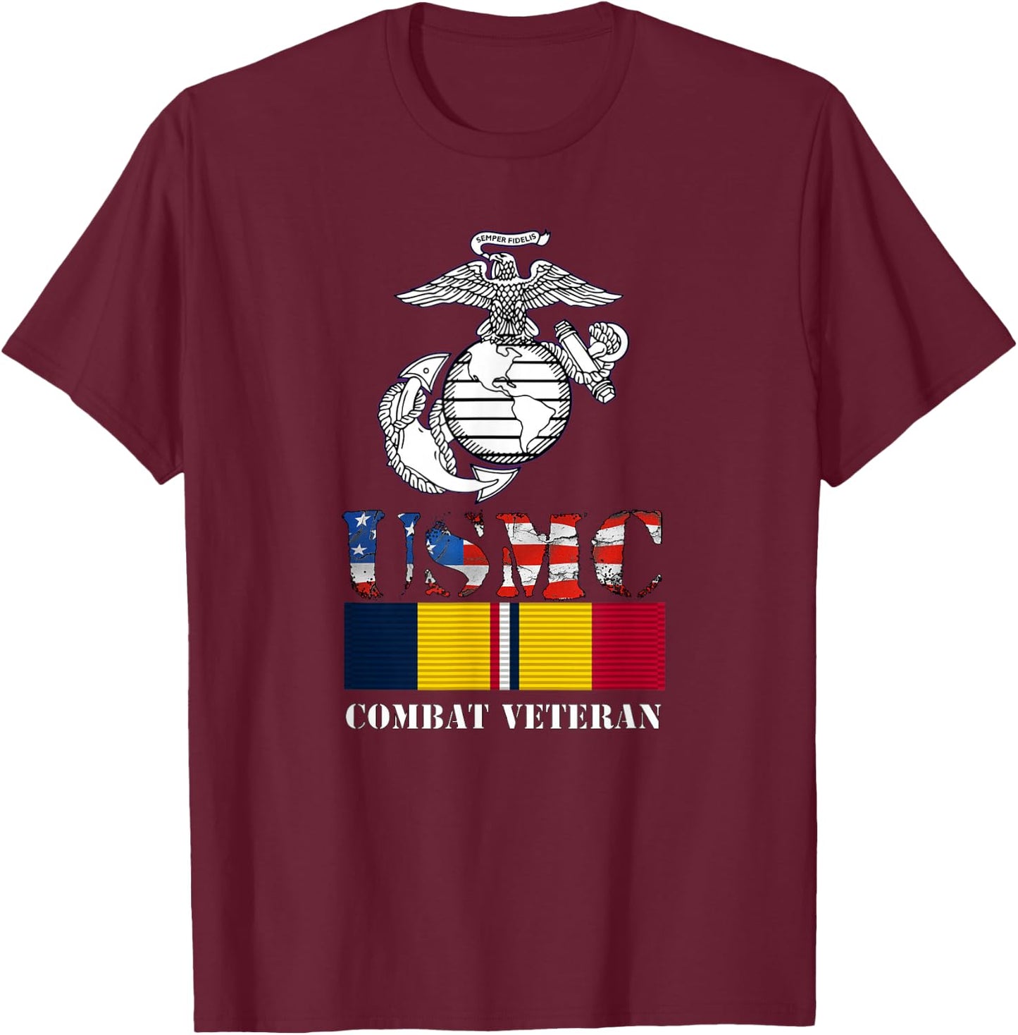 American Flag Combat Action Ribbon Vet T-Shirt - T-Shirt | Maroon