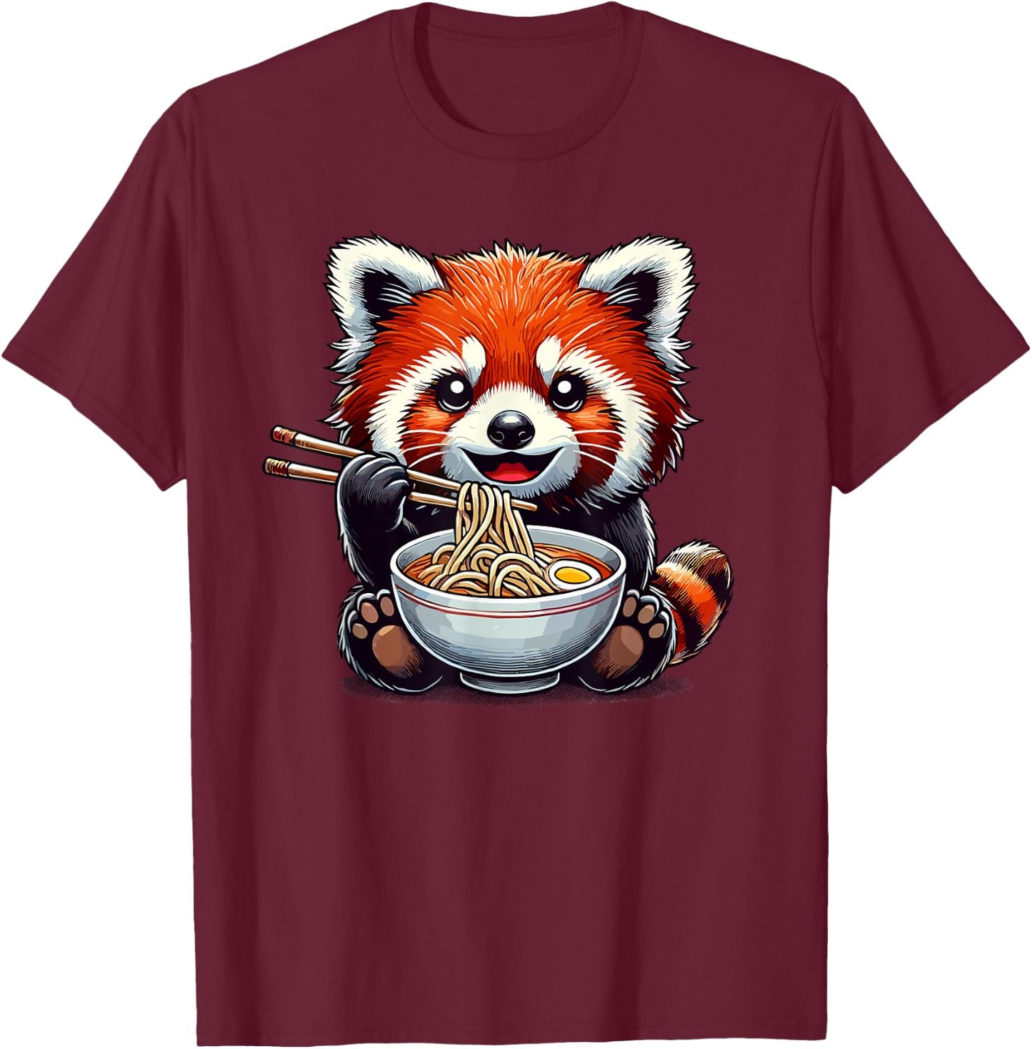 Red Panda Eating Ramen | Kids, Girls, Boys | Cute Red Panda T-Shirt - T-Shirt | Maroon