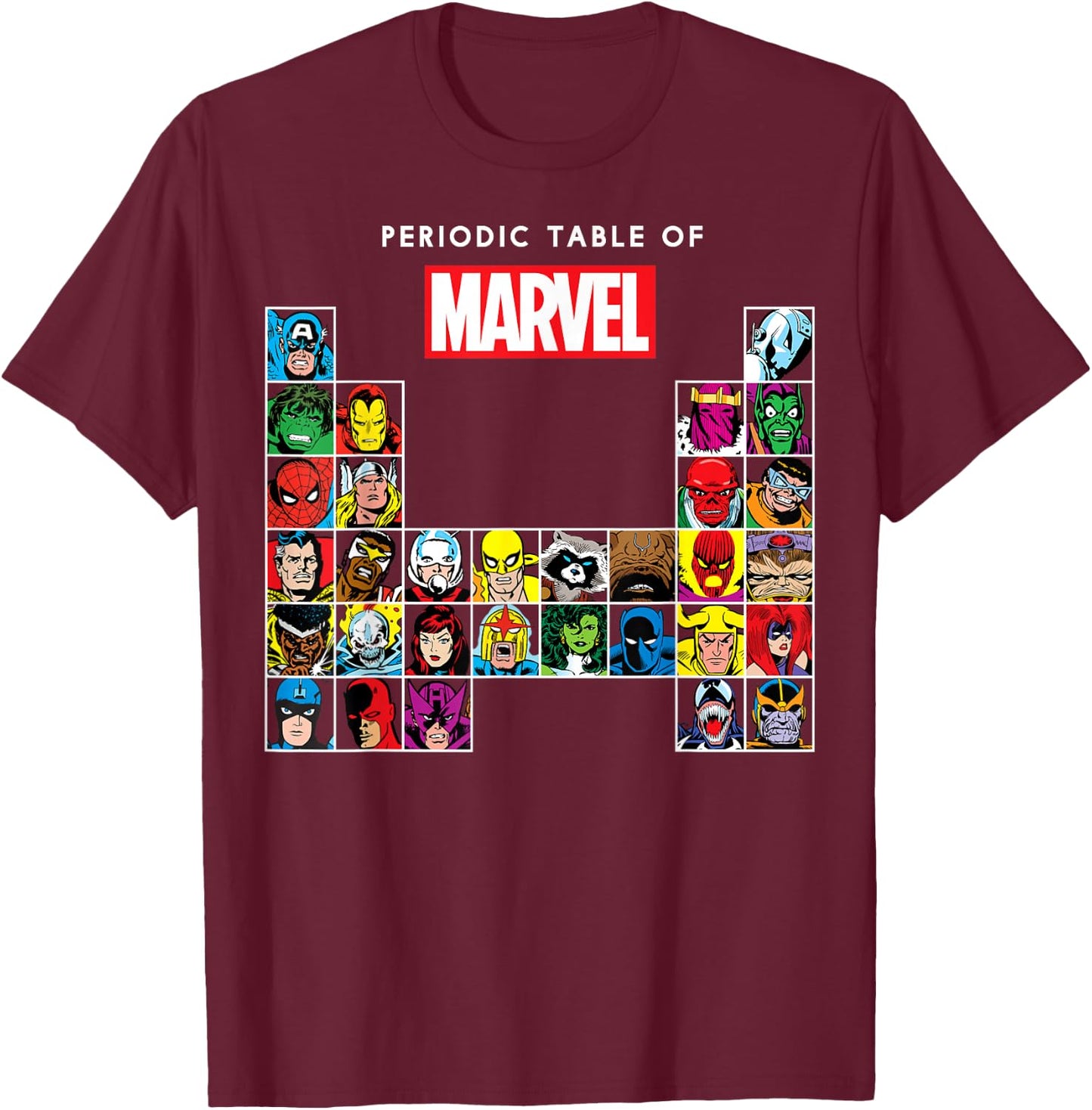 Marvel Periodic Table of Heroes & Villains Retro T-Shirt - T-Shirt | Maroon
