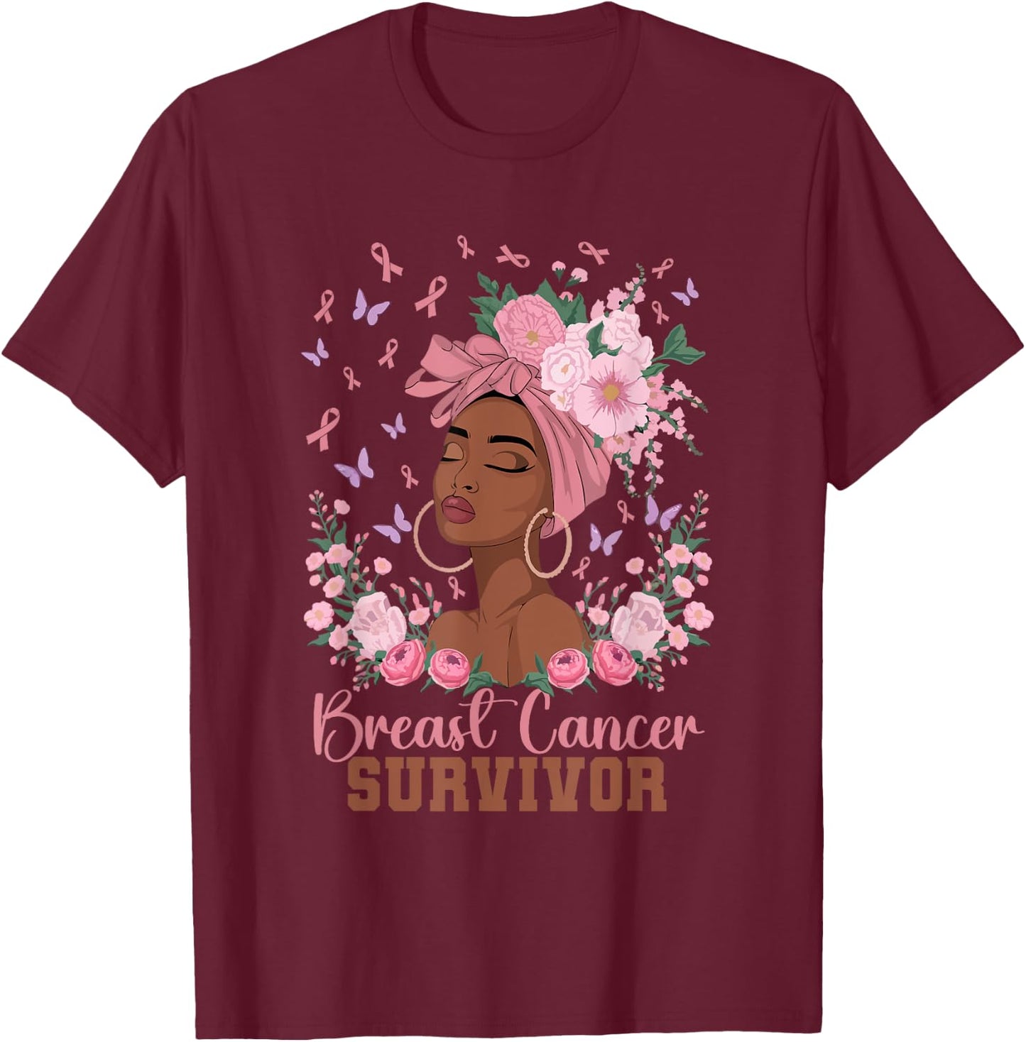 Black Woman Pink Ribbon October Breast Cancer Survivor T-Shirt - T-Shirt | Maroon