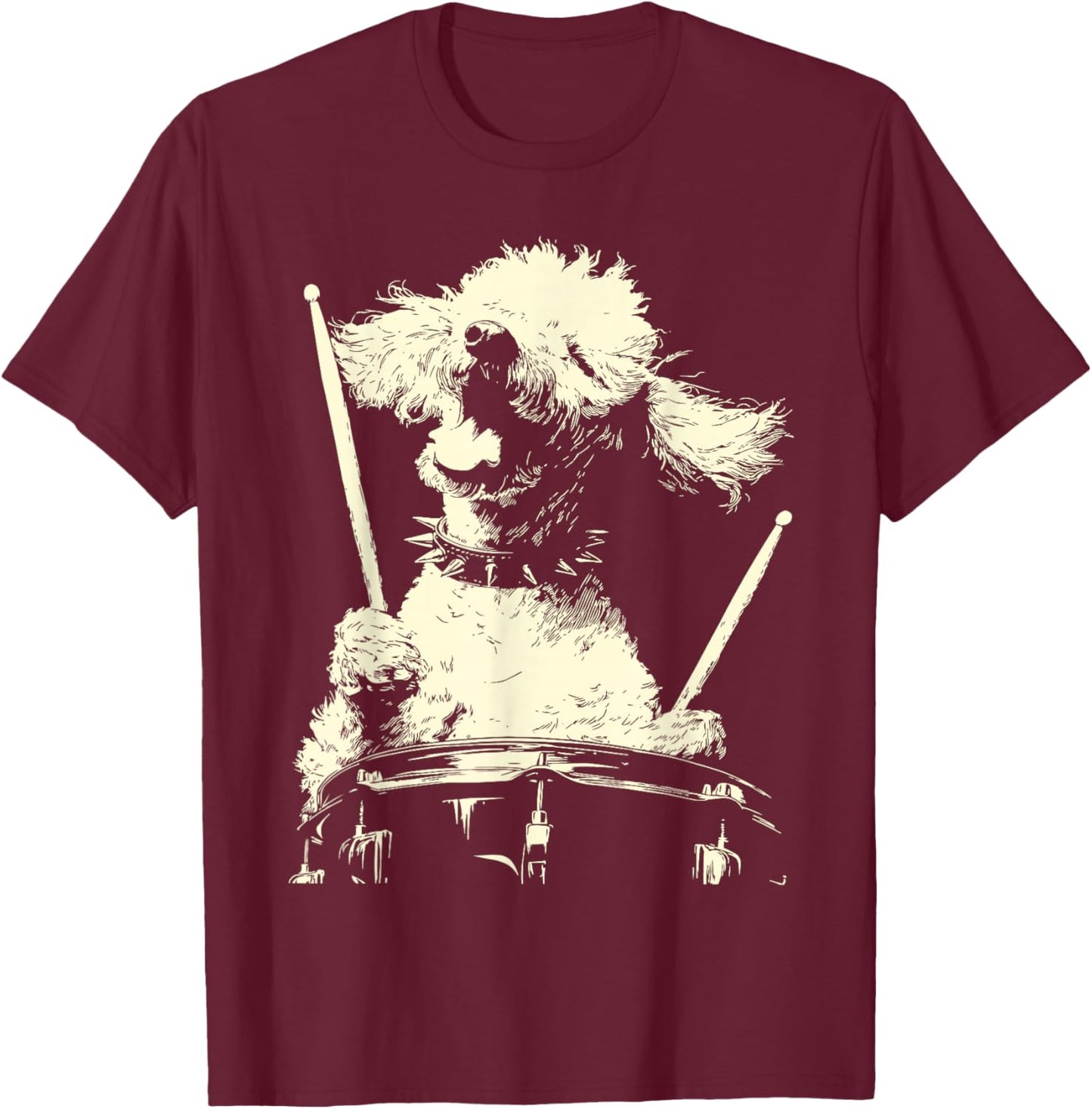 Poodle Playing Drums Funny Musician Dog Drummer Punk Grunge T-Shirt - T-Shirt | Maroon