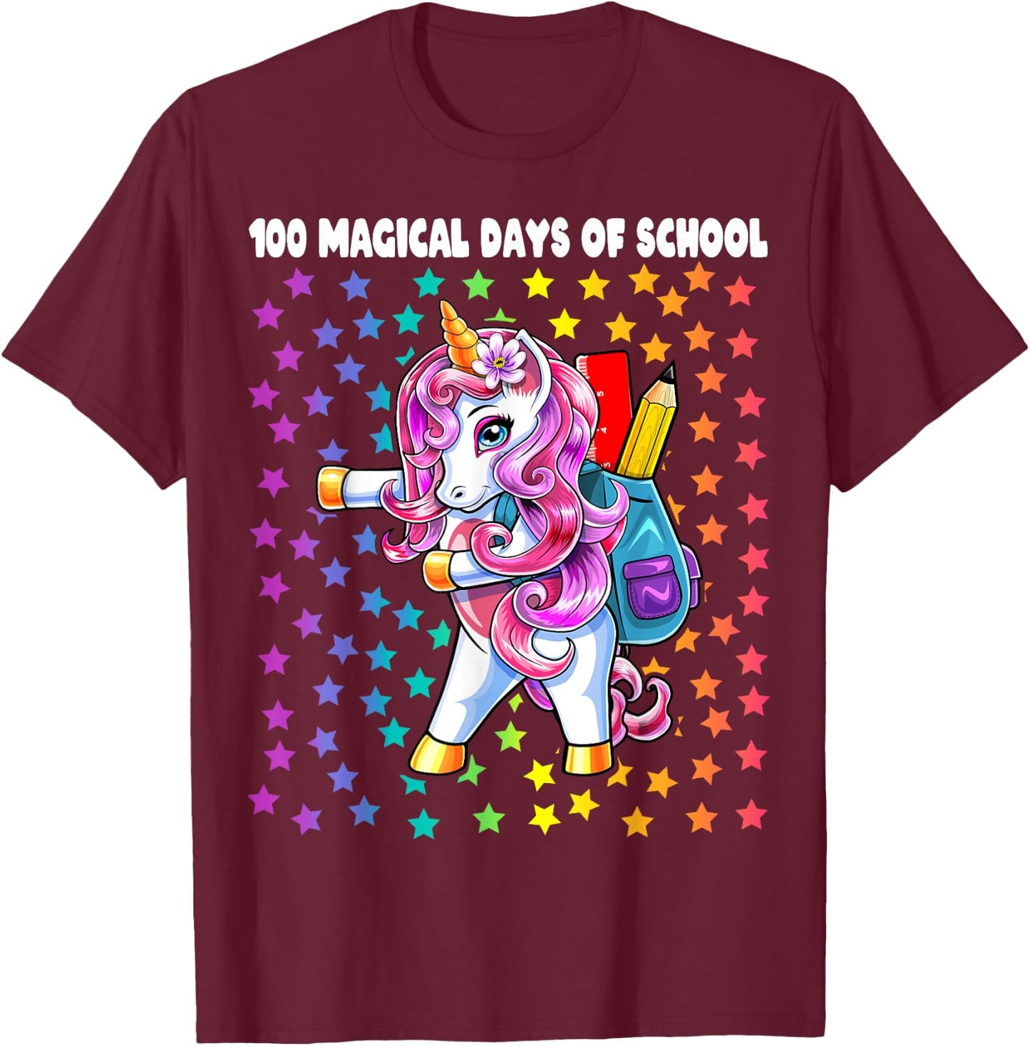 100 Magical Days of School Flossing Unicorn Gift Girls T-Shirt - T-Shirt | Maroon