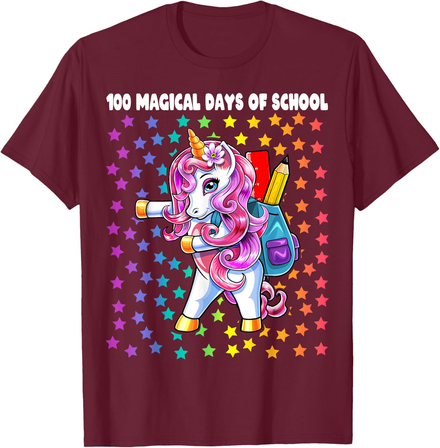 100 Magical Days of School Flossing Unicorn Gift Girls T-Shirt - T-Shirt | Maroon