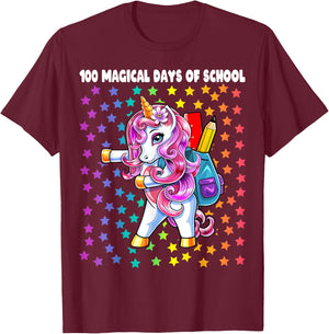 100 Magical Days of School Flossing Unicorn Gift Girls T-Shirt - T-Shirt | Maroon
