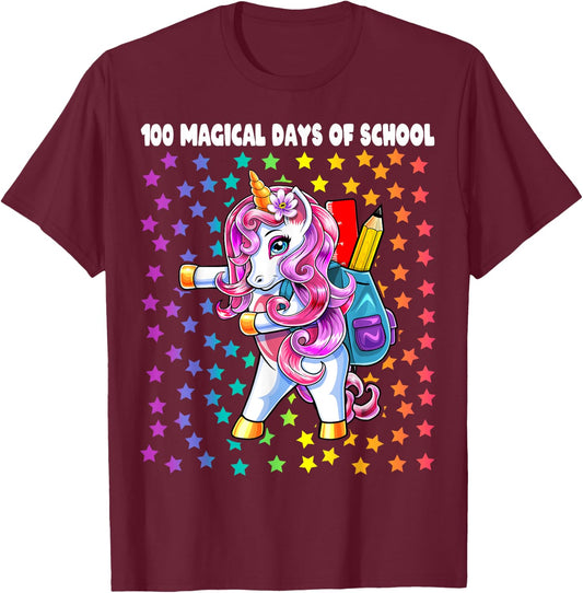 100 Magical Days of School Flossing Unicorn Gift Girls T-Shirt - T-Shirt | Maroon