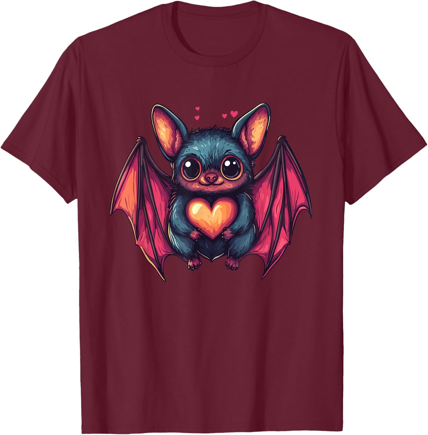 Cute Bat Holding Heart T-Shirt - T-Shirt | Maroon