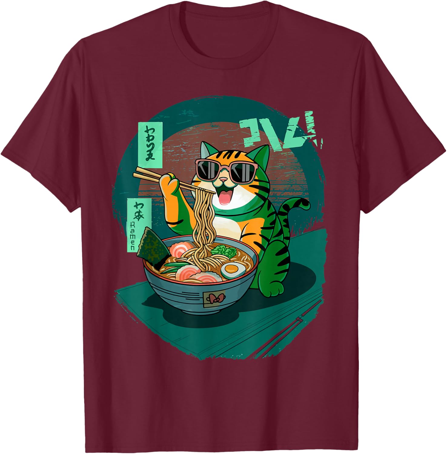 Funny Cat Eating Ramen Graphic Japanese Kawaii Anime T-Shirt - T-Shirt | Maroon