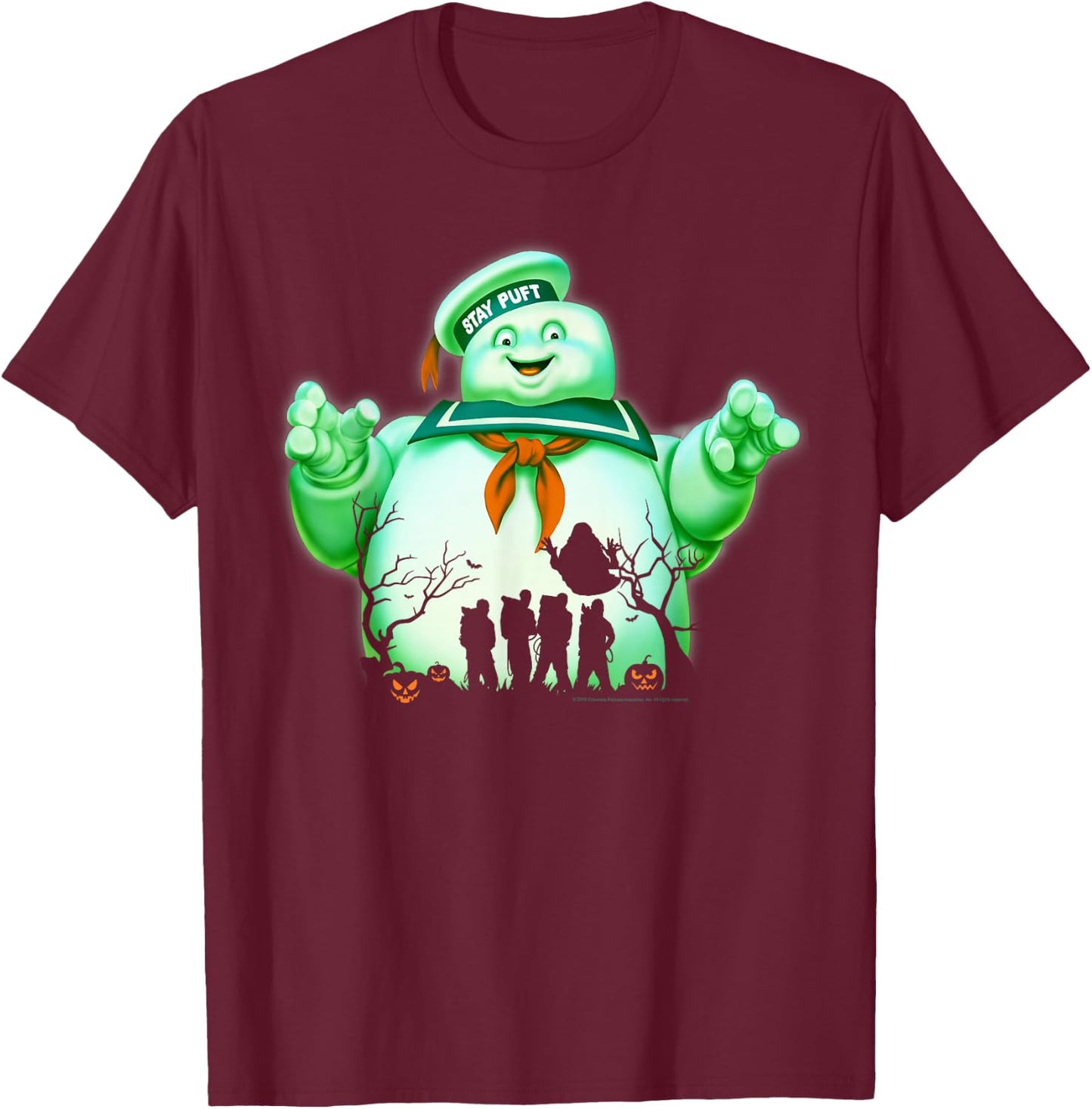 Ghostbusters Marshmallow Man Group Shot Silhouette T-Shirt - T-Shirt | Maroon