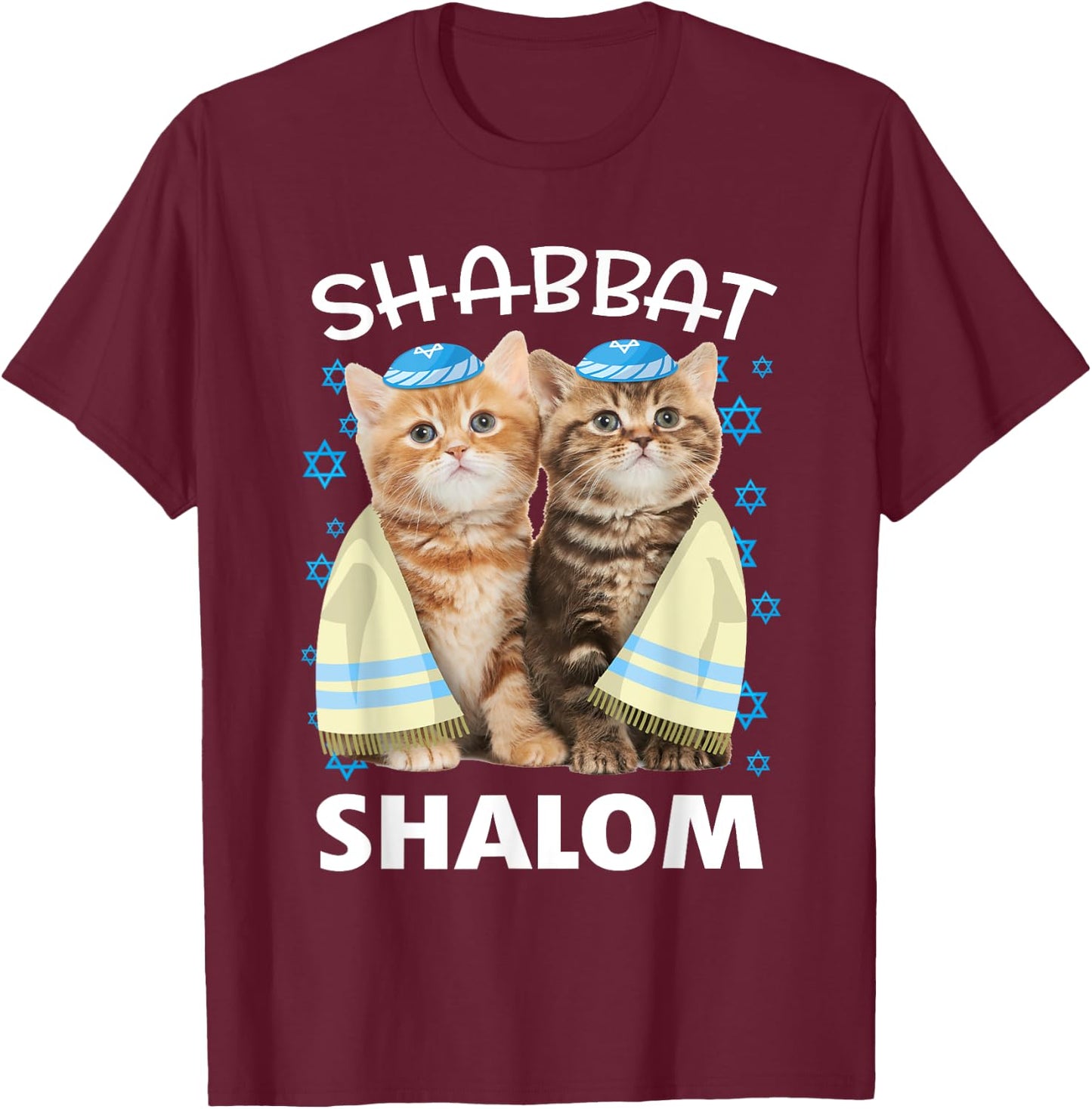 Shabbat Shalom Shirt Cute Cats With Kippah Funny Jewish T-Shirt - T-Shirt | Maroon