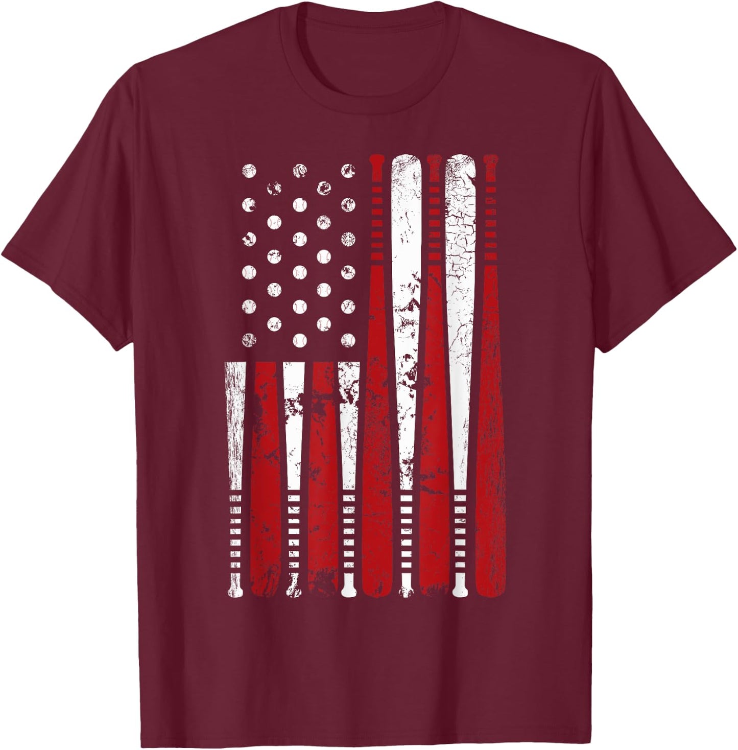 Vintage Baseball Bat American USA Flag Graphic T-Shirt - T-Shirt | Maroon