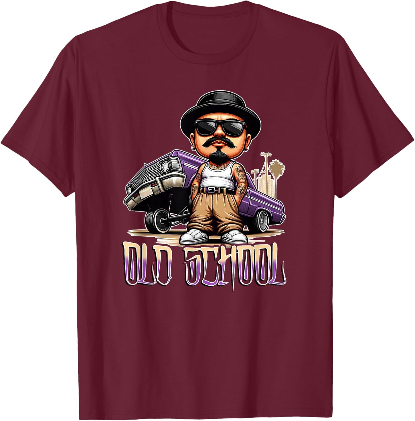 OLD SCHOOL Chicano Low Rider Art Homie Chicano Clothing T-Shirt - T-Shirt | Maroon