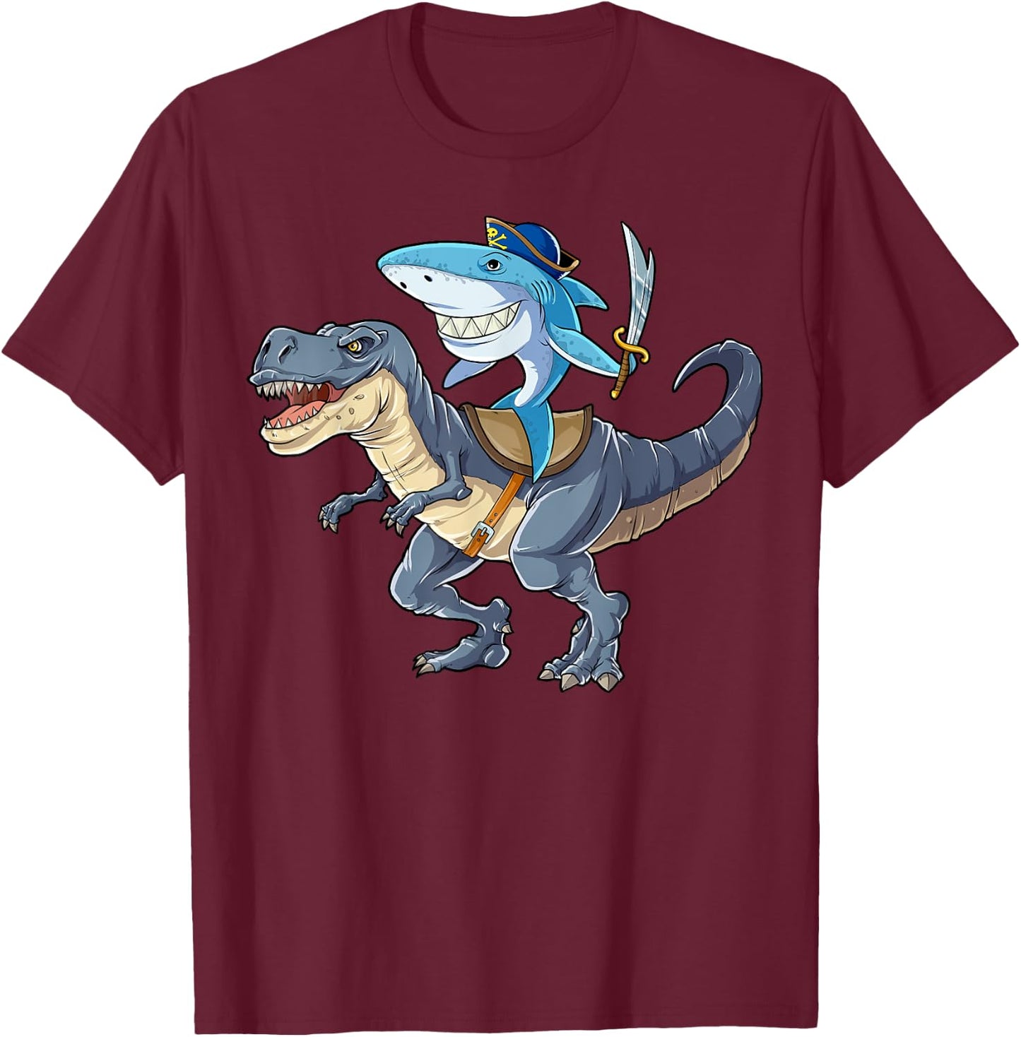 Shark Riding Dinosaur T rex T Shirt Pirate Jawsome Kids T-Shirt - T-Shirt | Maroon