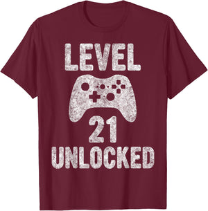 Cute Video Gamer 21th Birthday Gift Funny Level 21 Unlocked T-Shirt - T-Shirt | Maroon