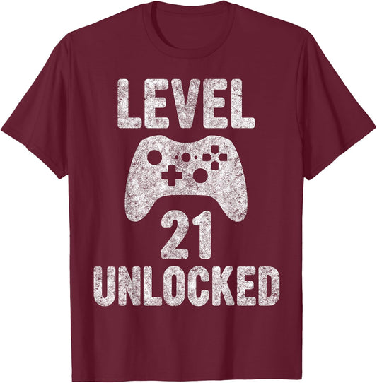 Cute Video Gamer 21th Birthday Gift Funny Level 21 Unlocked T-Shirt - T-Shirt | Maroon